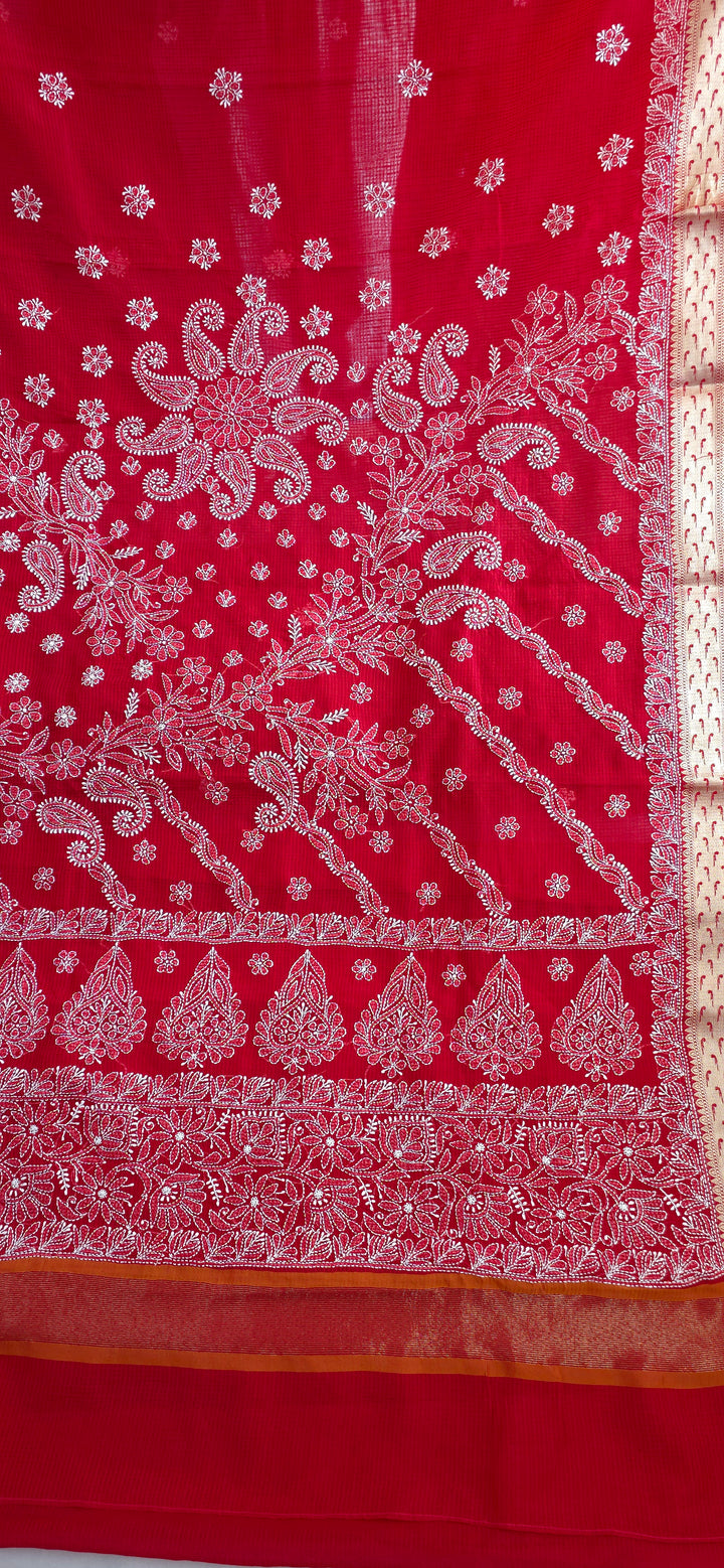 Hand Embroidered Chikankari Banarasi Silk Saree with Intricate Border & Palla Pattern – Includes  Blouse | Paridhan Chikan