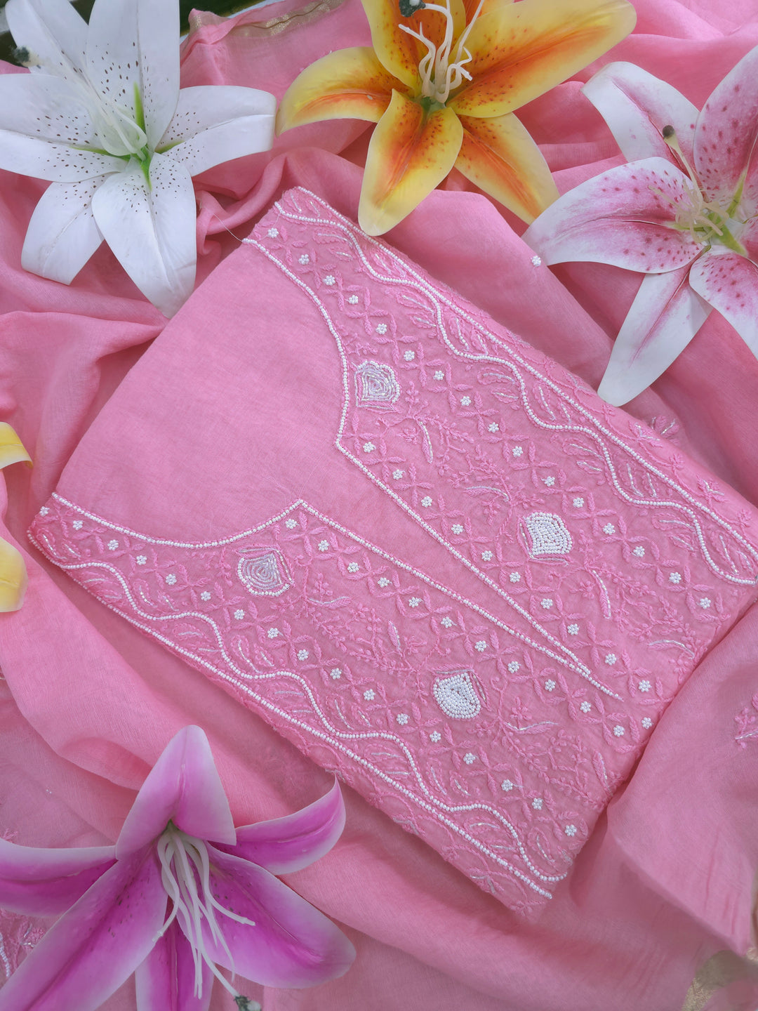Premium Mul Chanderi Supersoft Dyeable Chikankari Dress Material | Hand Embroidered with Pearls & Cutdaana | Kurta & Dupatta Set