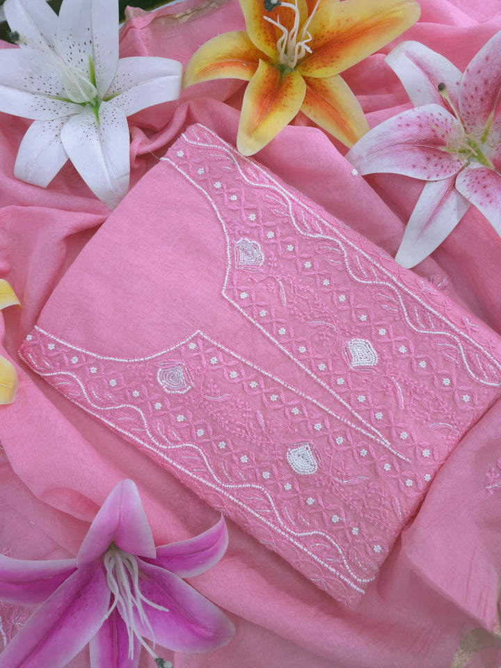 Premium Mul Chanderi Supersoft Dyeable Chikankari Dress Material | Hand Embroidered with Pearls & Cutdaana | Kurta & Dupatta Set