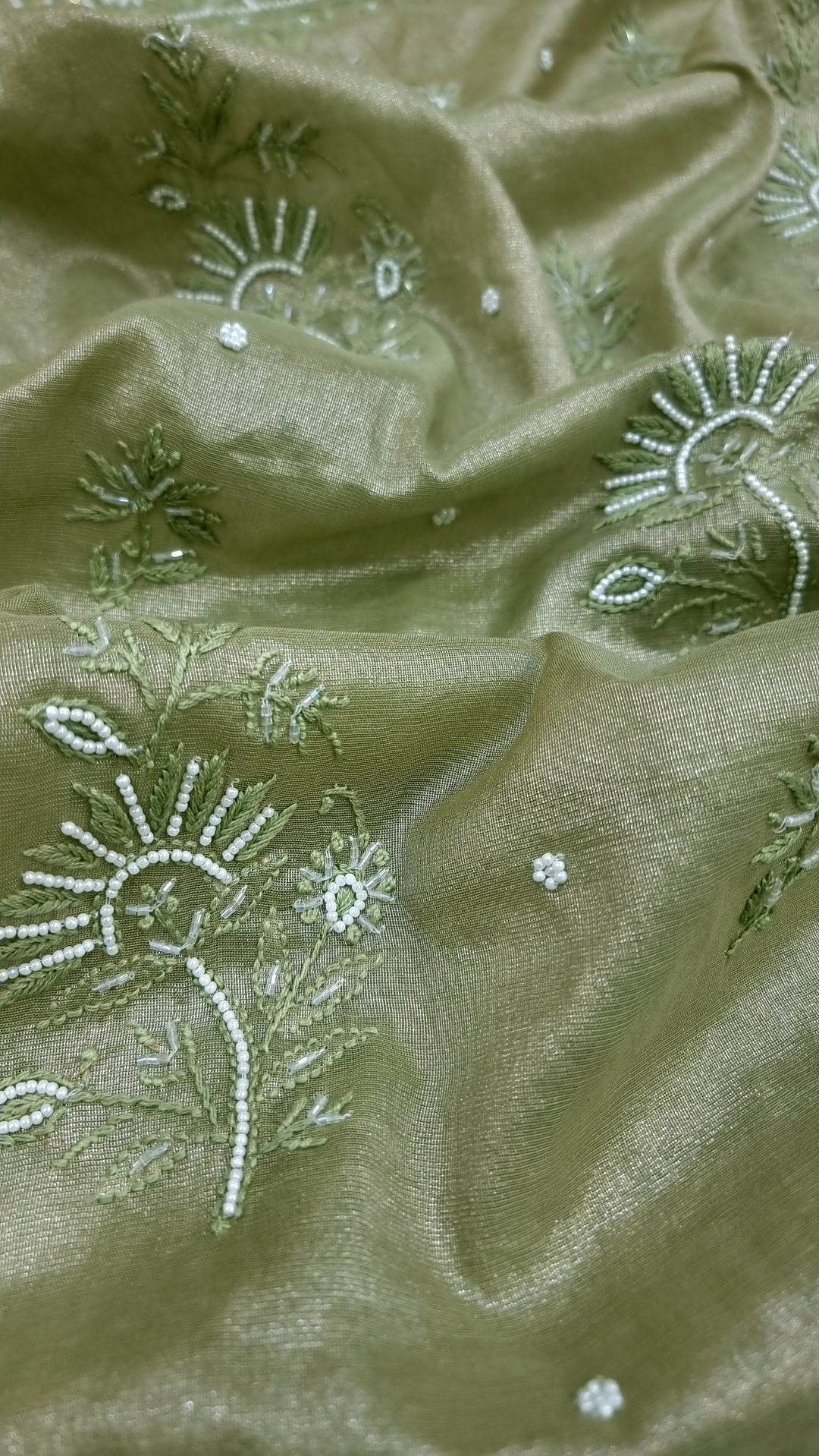 Soft Tissue Chikankari Unstitched Dress Material | 3 Taar Hand Embroidery with Pearl & Cutdana Work + Golden Border Dupatta