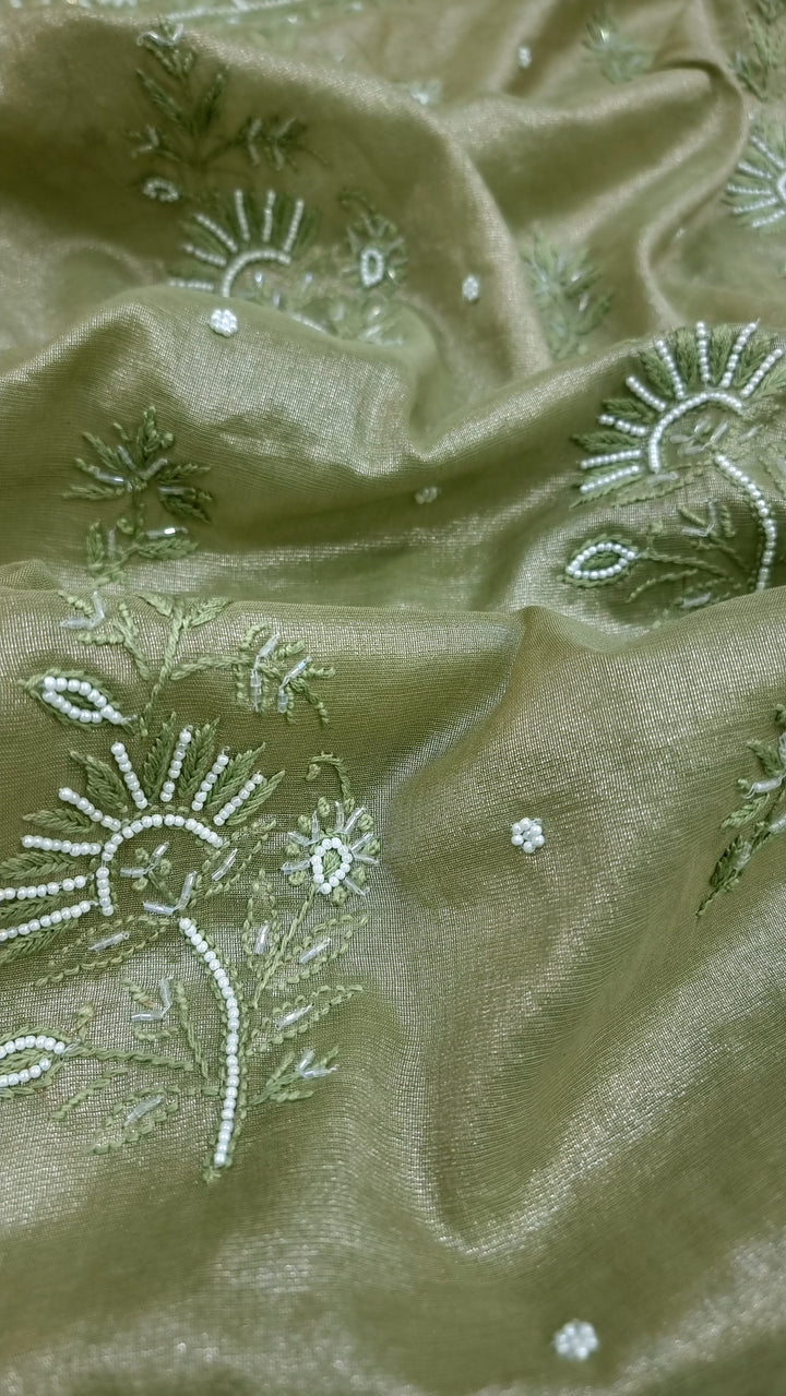 Soft Tissue Chikankari Unstitched Dress Material | 3 Taar Hand Embroidery with Pearl & Cutdana Work + Golden Border Dupatta