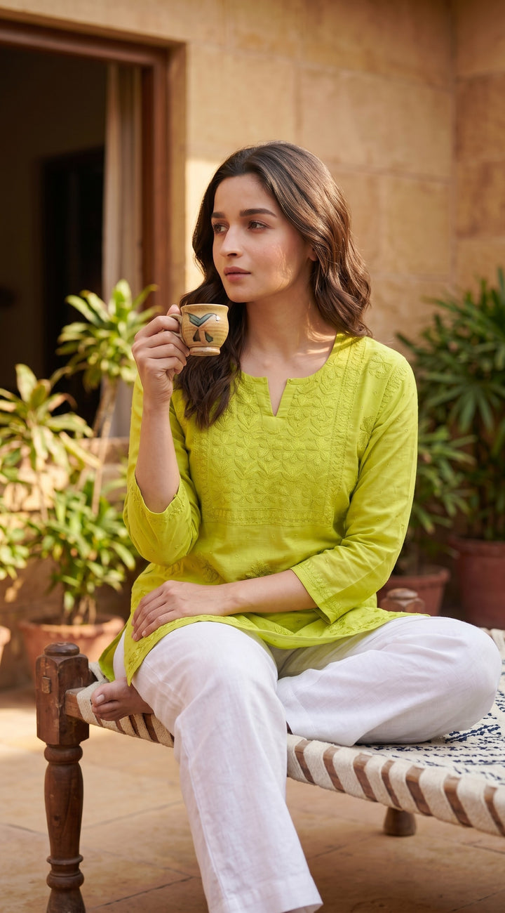 Alia Chikankari Chanderi Golden Zari Buti Short Top for Women | Soft & Non-Transparent | Paridhan Chikan