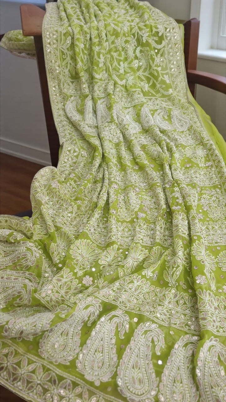 Georgette Chikankari Saree - green