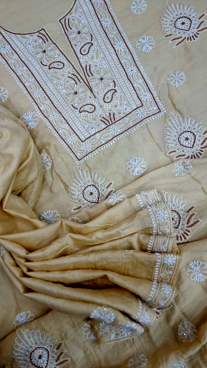 Lucknowi Chikankari Chanderi Fabric – Hand-Embroidered Kurta & Dupatta with Pearl, Resham & Badla Work