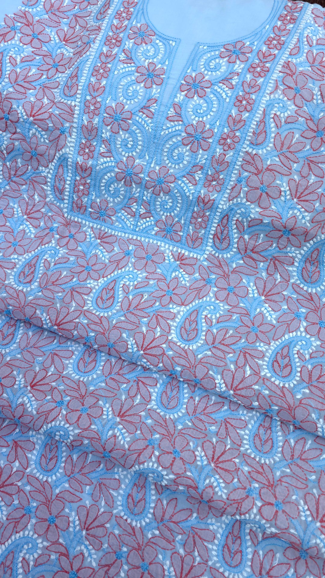 Lucknow Chikankari Hand Embroidered Cotton Dress Material with Tri-Color Motifs & Pure Chiffon Dupatta