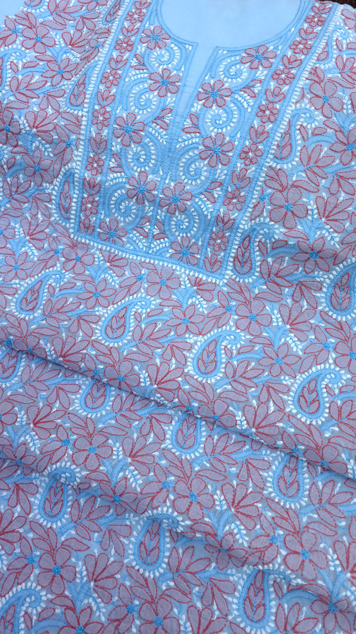 Lucknow Chikankari Hand Embroidered Cotton Dress Material with Tri-Color Motifs & Pure Chiffon Dupatta