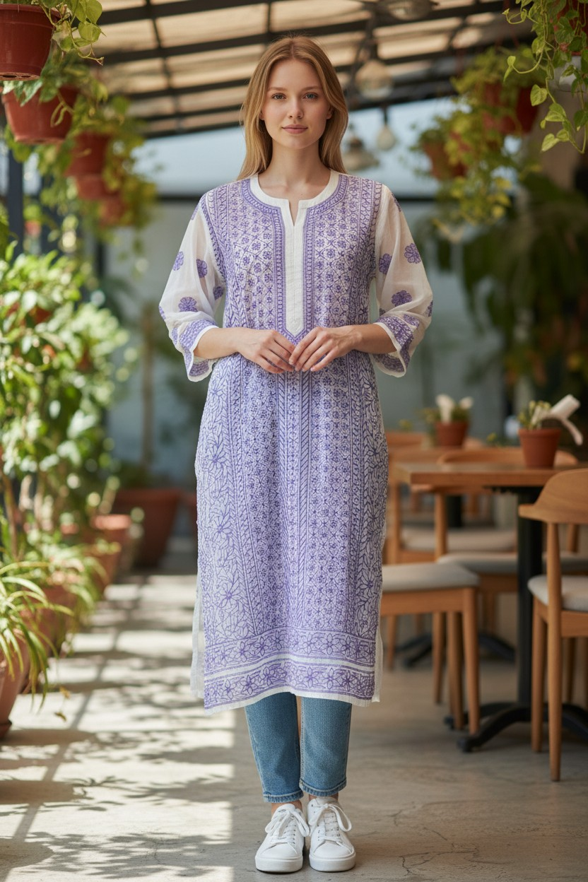 Georgette chikankari long kurti