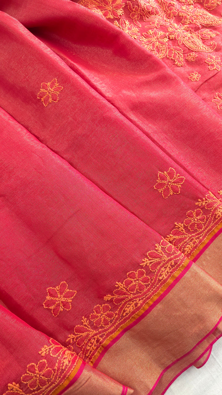 Hand Embroidered Chikankari Banarasi Silk Saree with Intricate Border & Palla Pattern – Includes  Blouse | Paridhan Chikan