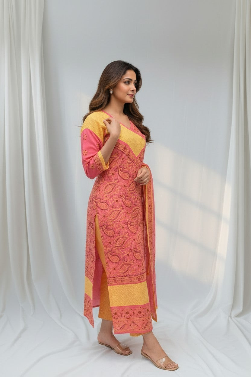 Jia Cotton Chikankari Hand Embroidered Kurti for Women | Premium  | 48 Inch approx Length | Lucknowi Chikan Kurta