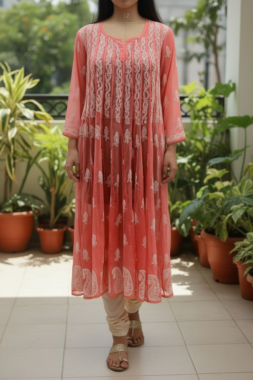 Georgette Lucknowi Chikankari 50" Long Anarkali Kurti | 100% Hand Embroidered| No Shrinkage
