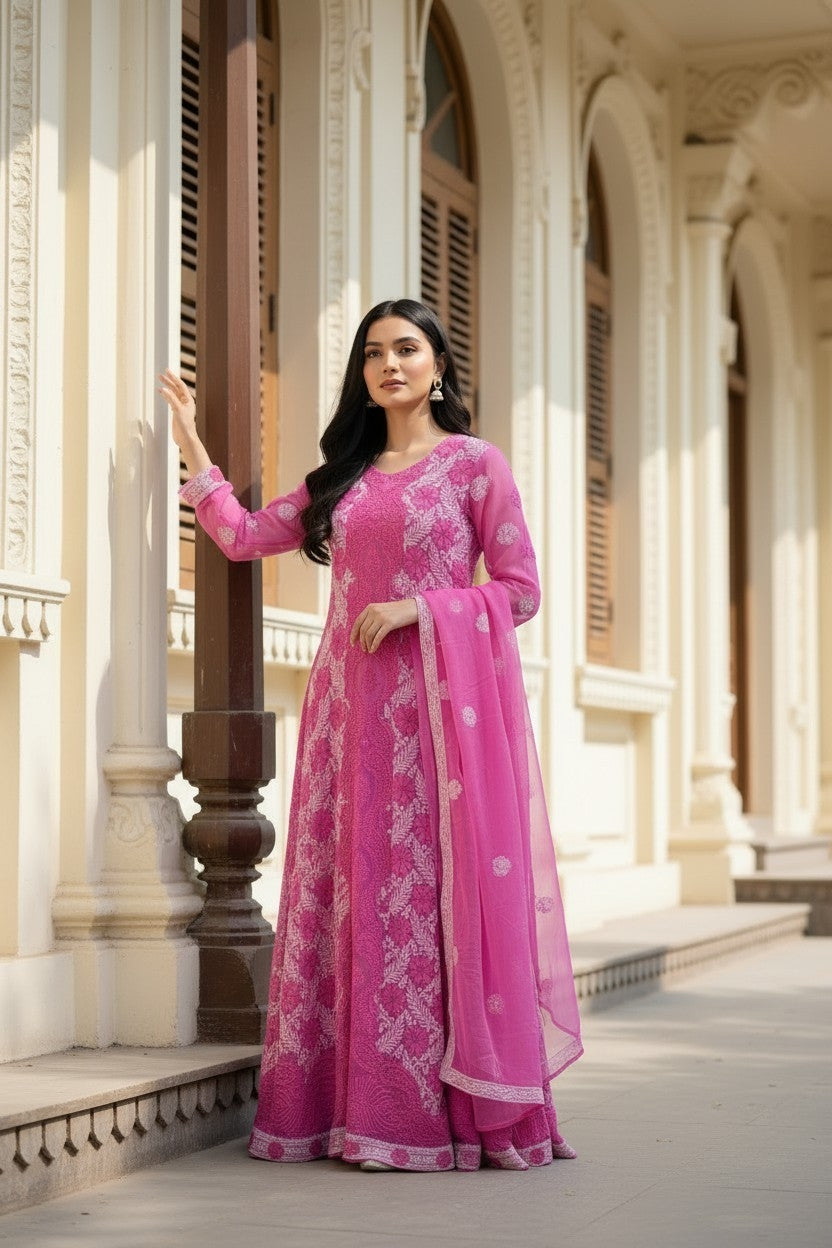 Unstitched Georgette Chikankari Dress Material | Hand Embroidered Kurta, Bottom & Dupatta