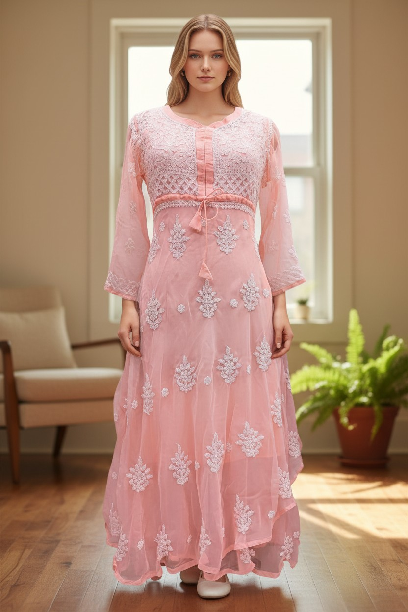 Georgette Lucknowi Chikankari 50" Long gown style Kurti | 100% Hand Embroidered| No Shrinkage