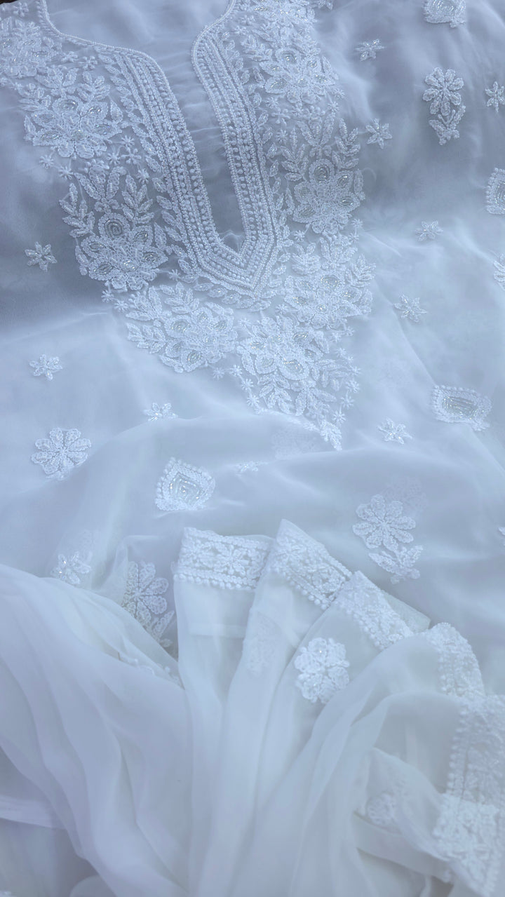 Alina Heavy Embellished Georgette Chikankari Unstitched Dress Material | Cutdana Handwork
