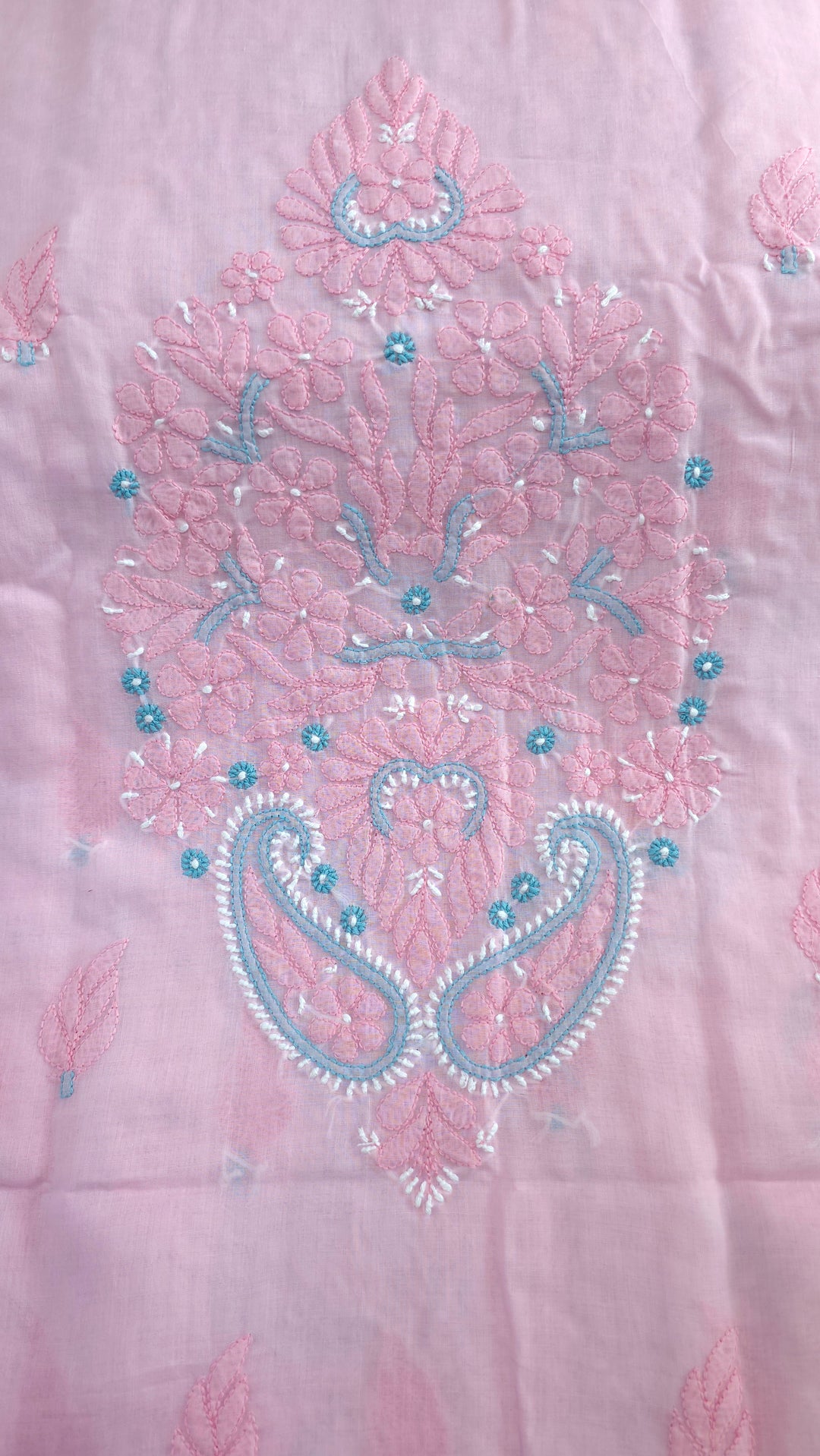 Lucknow Chikankari Hand Embroidered Cotton Dress Material with Tri-Color Motifs & Pure Chiffon Dupatta
