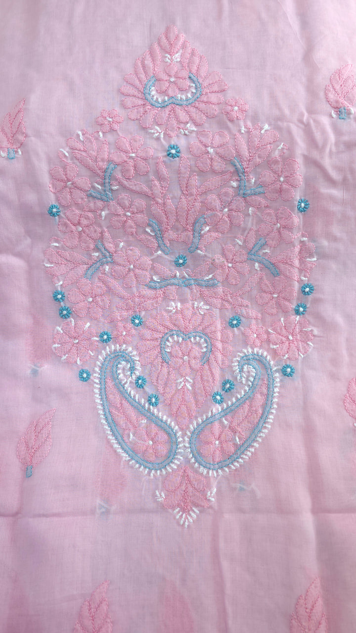 Lucknow Chikankari Hand Embroidered Cotton Dress Material with Tri-Color Motifs & Pure Chiffon Dupatta