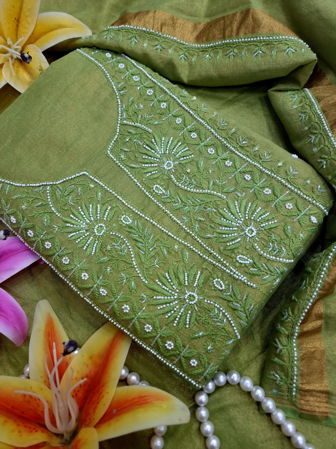 Soft Tissue Chikankari Unstitched Dress Material | 3 Taar Hand Embroidery with Pearl & Cutdana Work + Golden Border Dupatta