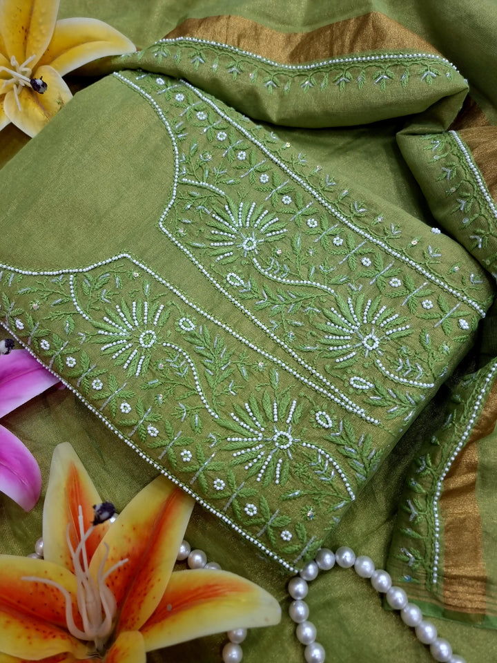 Soft Tissue Chikankari Unstitched Dress Material | 3 Taar Hand Embroidery with Pearl & Cutdana Work + Golden Border Dupatta