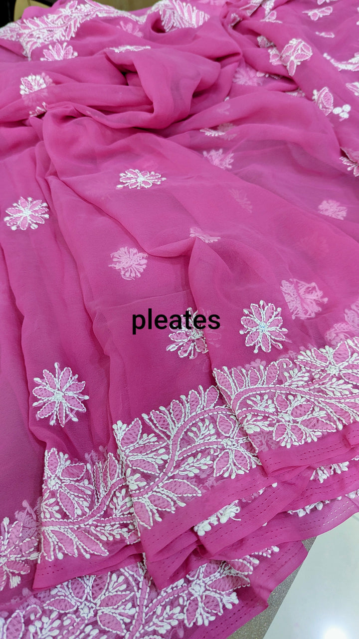 Faux Georgette Hand Chikankari Saree with Exclusive Border & designer Palla Design | Embroidered Blouse Included | Authentic Lucknow Handicraft by Paridhan Chikan