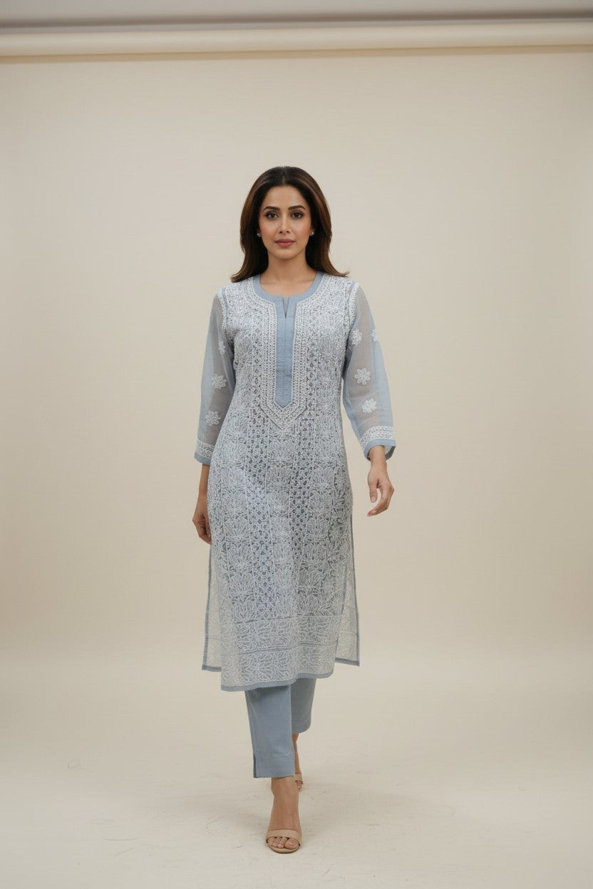 Mahi Women's Chikankari Georgette Full Embroidered Kurta | Hand Embroidered Lucknowi Ethnic Wear