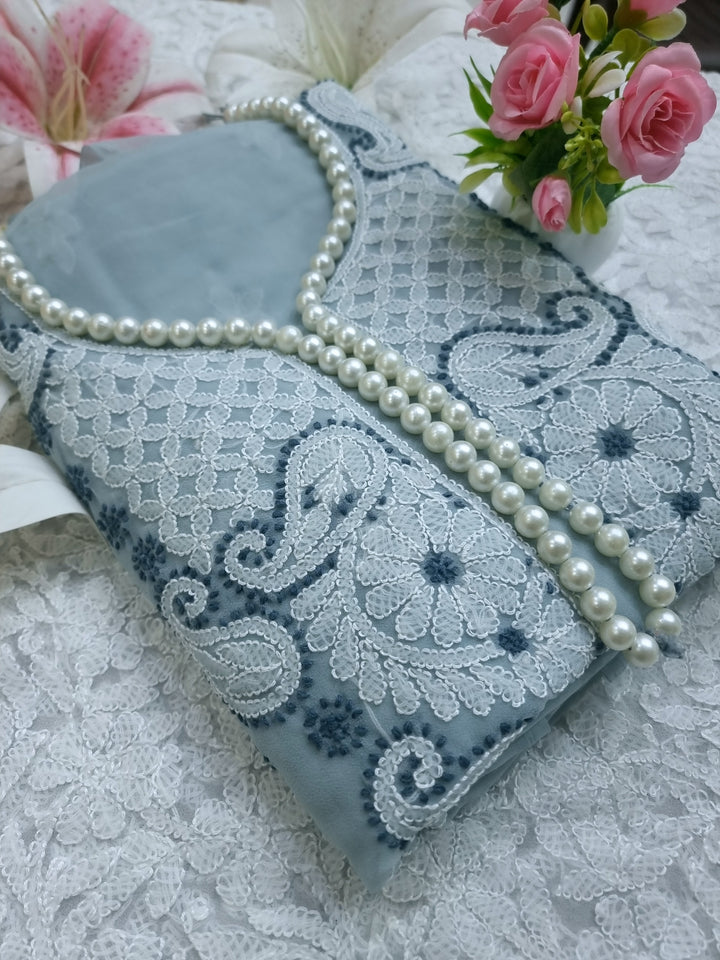 Chikankari Lucknowi Georgette Dress Material – Kurta 3m, Bottom 2.5m & Dupatta 2.5m | Panel Design