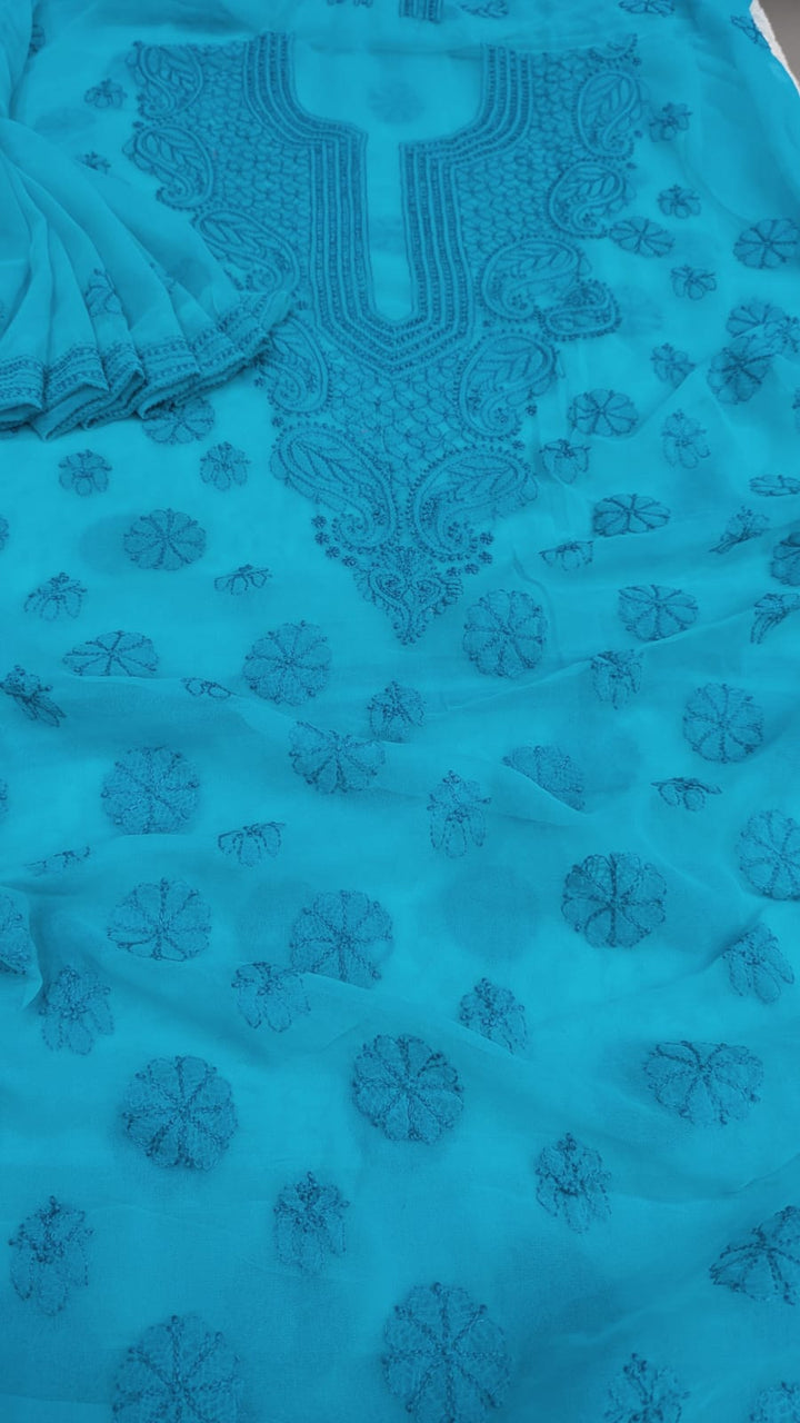 Lucknowi Georgette Chikankari Dress Material – Hand Embroidery Kurta, Bottom & Dupatta | Festive Queen Shades