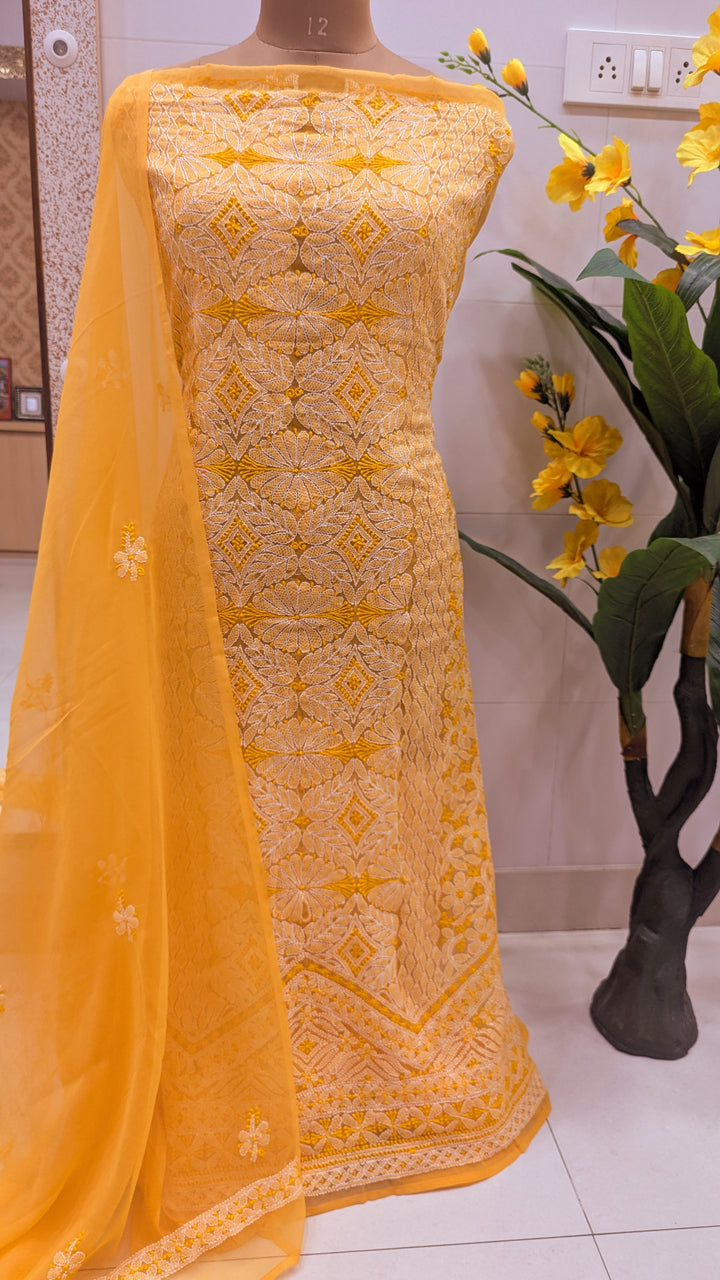 Unstitched Georgette Chikankari Dress Material | Hand Embroidered Kurta, Bottom & Dupatta