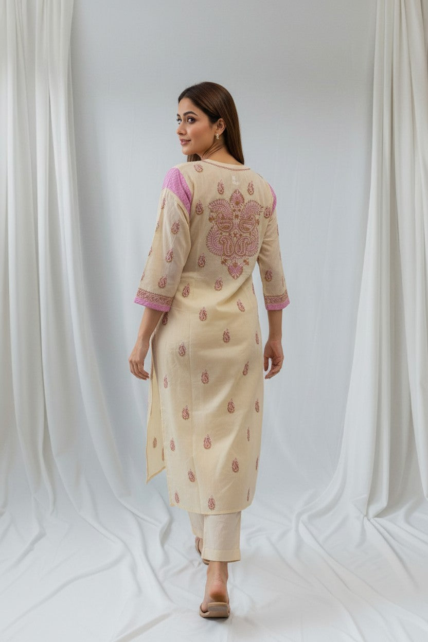Jia Cotton Chikankari Hand Embroidered Kurti for Women | Premium  | 48 Inch approx Length | Lucknowi Chikan Kurta