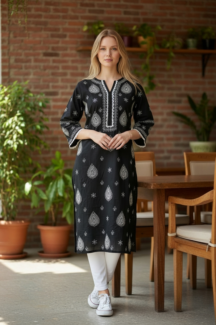 Cotton Chikankari Hand Embroidered Kurti for Women | Premium Soft  | 44 Inch Length | Lucknowi Chikan Kurta