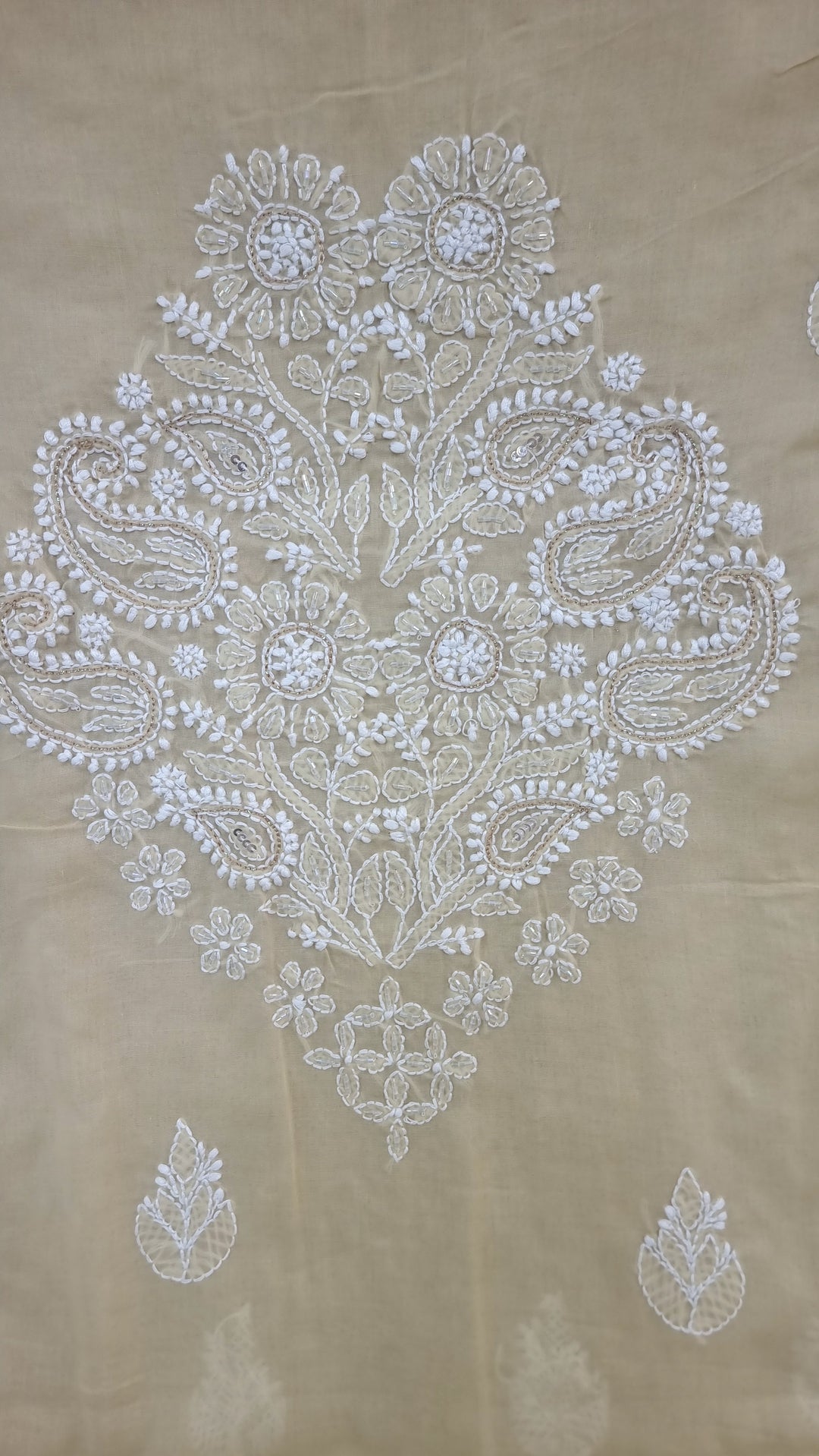 Unstitched Cotton Hand Embroidered Chikankari Dress Material with Cutdana, Resham & Badla Work | Pure Chiffon Dupatta | Lucknowi Artistry
