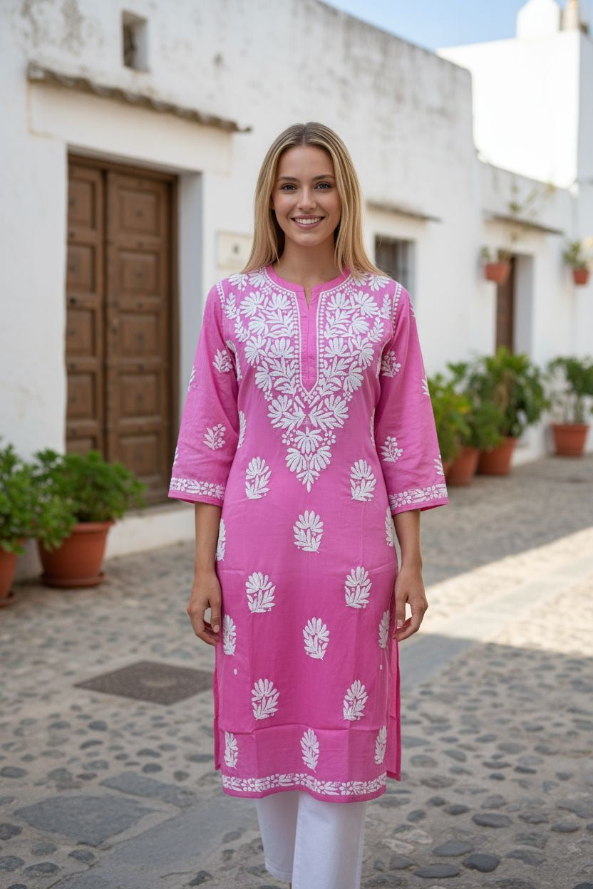 Modal Satin Chikankari Long Kurta | Hand-Embroidered Lucknowi Kurti for Women