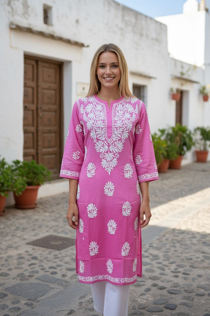 Modal Satin Chikankari Long Kurta | Hand-Embroidered Lucknowi Kurti for Women