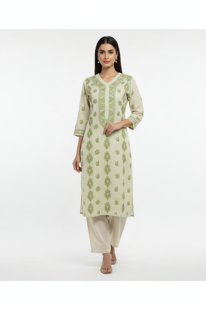 Pure Cotton Linen Lucknowi Chikankari Long Kurti | 100% Hand Embroidered | Non-Transparent | No Shrinkage