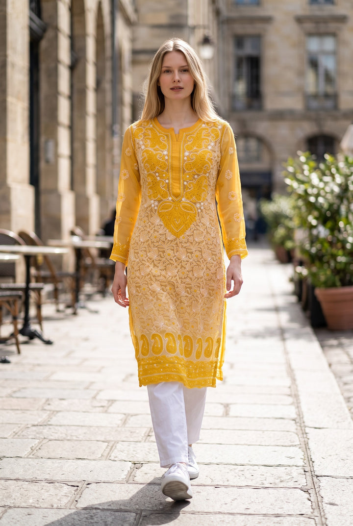 Georgette Lucknowi Chikankari 46" Long- front n back full embroidered Kurti | 100% Hand Embroidered| No Shrinkage