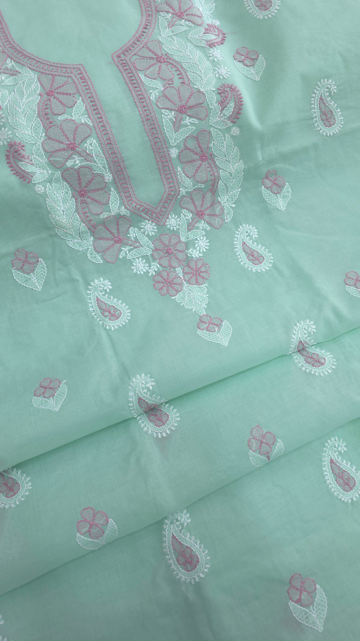 Paridhan Chikan Premium Cool Cotton Chikankari Dress Material Set with Hand Embroidered Kurta, Bottom & Chiffon Dupatta with Handmade Crochet Border