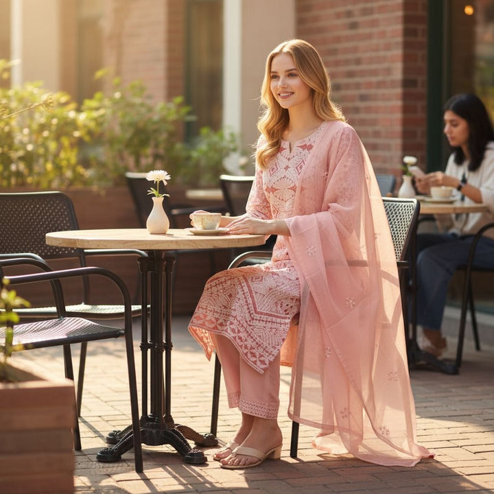 Unstitched Georgette Chikankari Dress Material | Hand Embroidered Kurta, Bottom & Dupatta