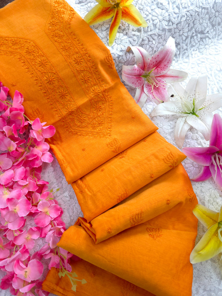 Tangerine Color Chanderi Hand Embroidered 2-Taar Chikankari Kurta & Dupatta Set | Paridhan Chikan (Copy)