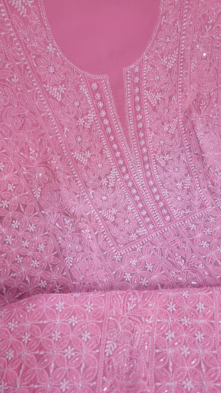 Unstitched Cotton Hand Embroidered Chikankari Dress Material with Cutdana, Resham & Badla Work | Pure Chiffon Dupatta | Lucknowi Artistry