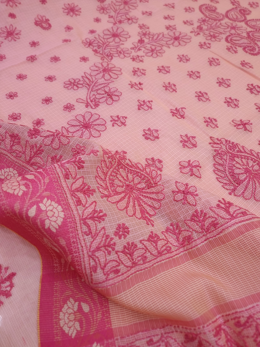 Hand Embroidered Chikankari Banarasi Silk Saree with Intricate Border & Palla Pattern – Includes  Blouse | Paridhan Chikan