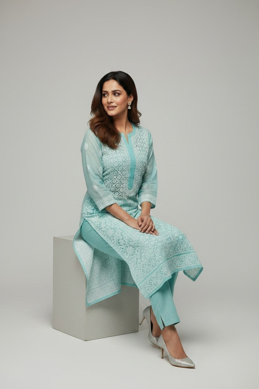 Mahi Women's Chikankari Georgette Full Embroidered Kurta | Hand Embroidered Lucknowi Ethnic Wear