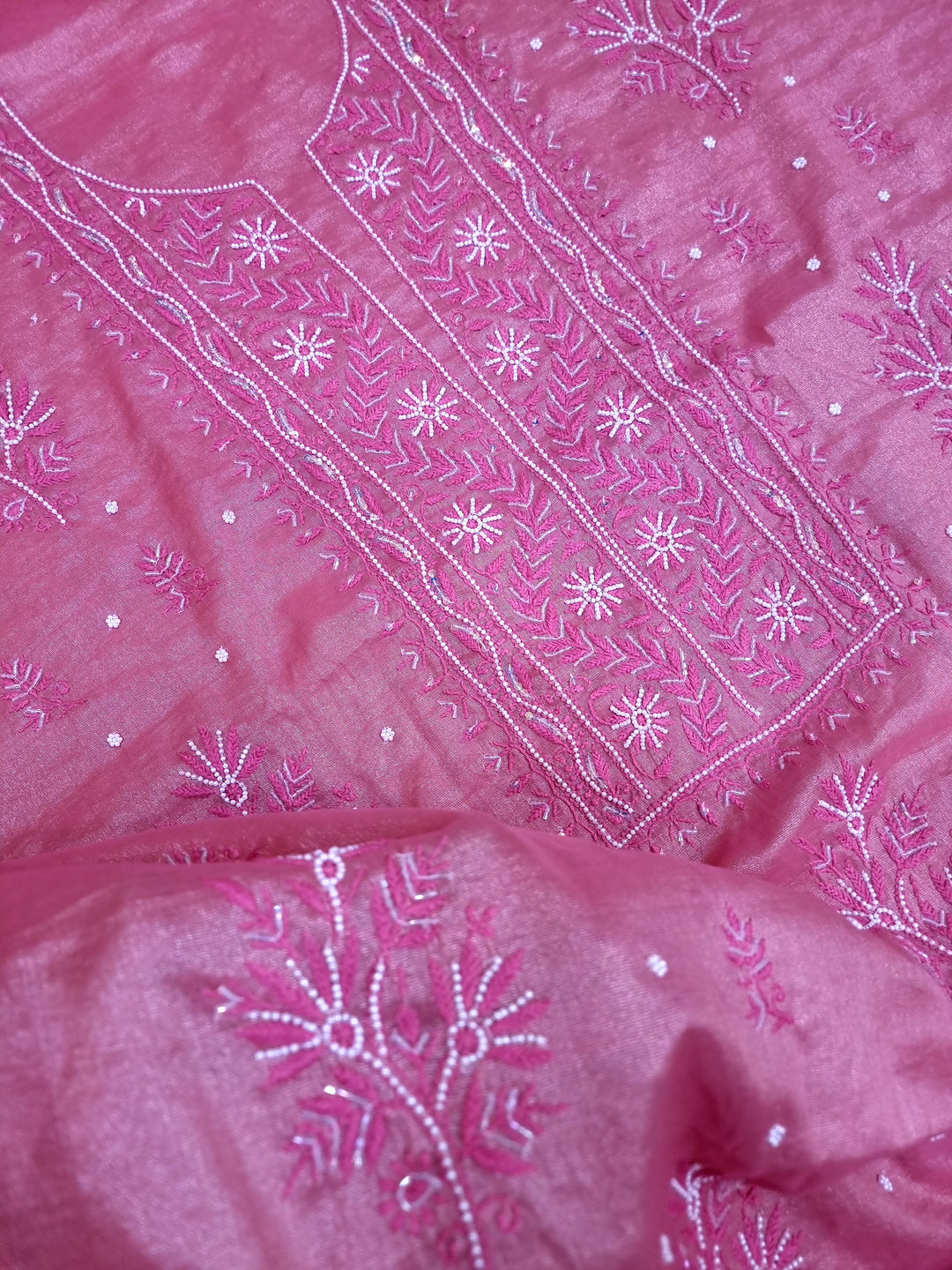 Soft Tissue Chikankari Unstitched Dress Material | 3 Taar Hand Embroidery with Pearl & Cutdana Work + Golden Border Dupatta