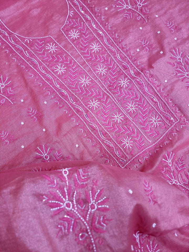 Soft Tissue Chikankari Unstitched Dress Material | 3 Taar Hand Embroidery with Pearl & Cutdana Work + Golden Border Dupatta