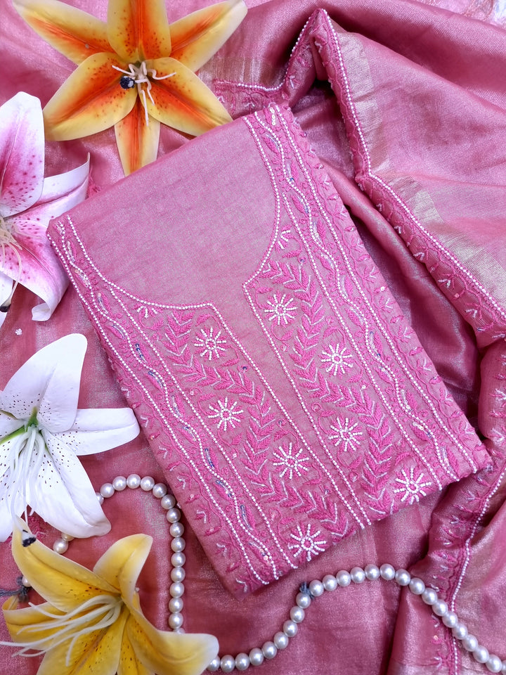Soft Tissue Chikankari Unstitched Dress Material | 3 Taar Hand Embroidery with Pearl & Cutdana Work + Golden Border Dupatta