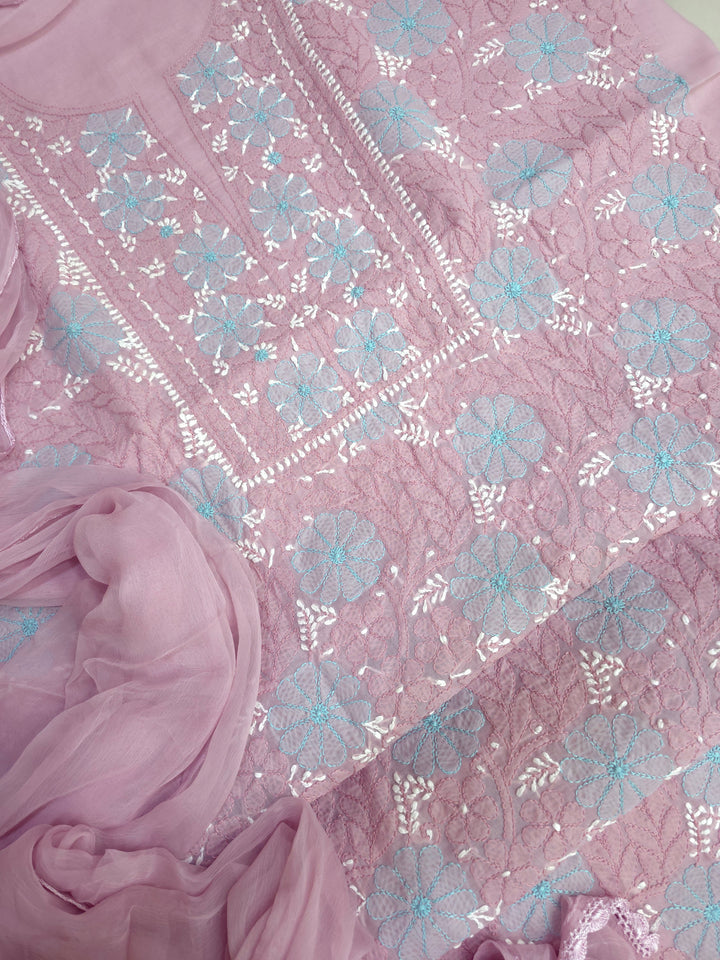 Lucknow Chikankari Hand Embroidered Cotton Dress Material with Tri-Color Motifs & Pure Chiffon Dupatta