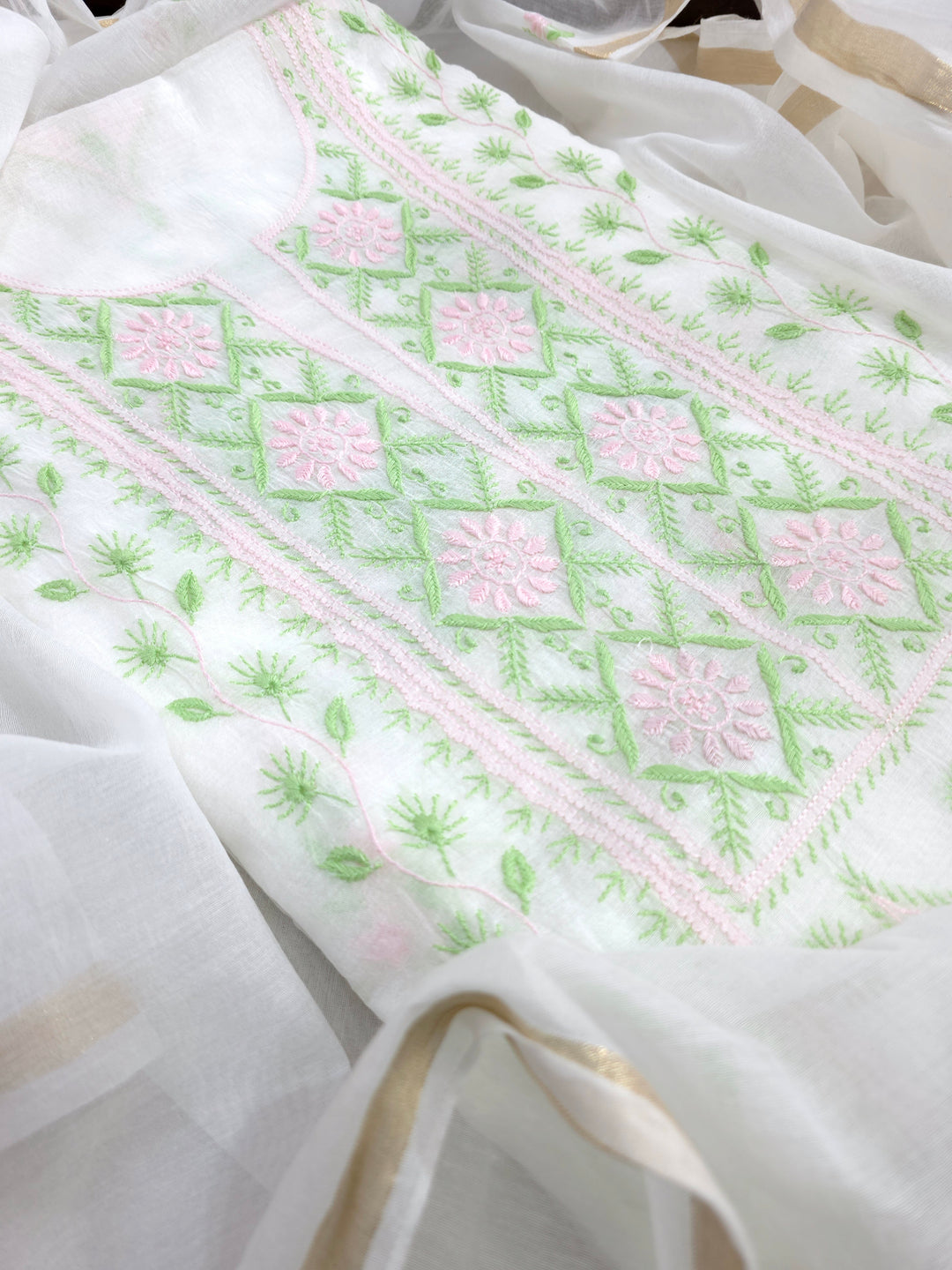 Pure Mul Chanderi 2 Taar Hand Embroidered Chikankari Unstitched Kurta (3 M) with Dupatta (2.5 M) – Lucknowi Festive Collection