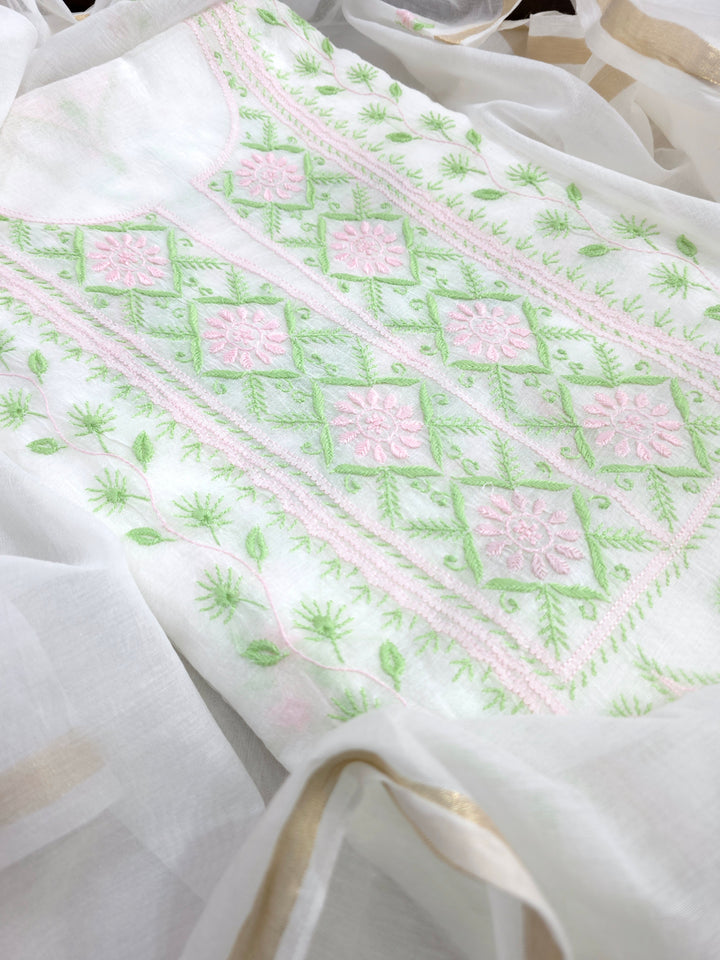 Pure Mul Chanderi 2 Taar Hand Embroidered Chikankari Unstitched Kurta (3 M) with Dupatta (2.5 M) – Lucknowi Festive Collection