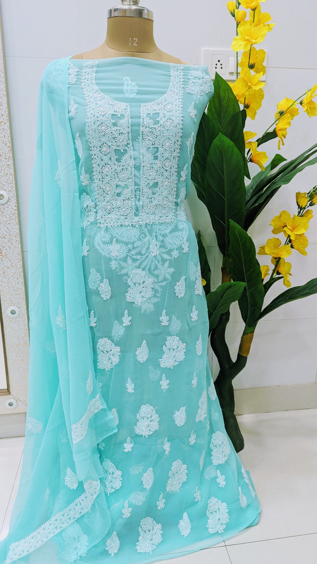 "Paridhan Chikan Georgette Lucknowi Chikankari Unstitched Suit Set – Hand Embroidered Kurta, Bottom & Dupatta for Women"
