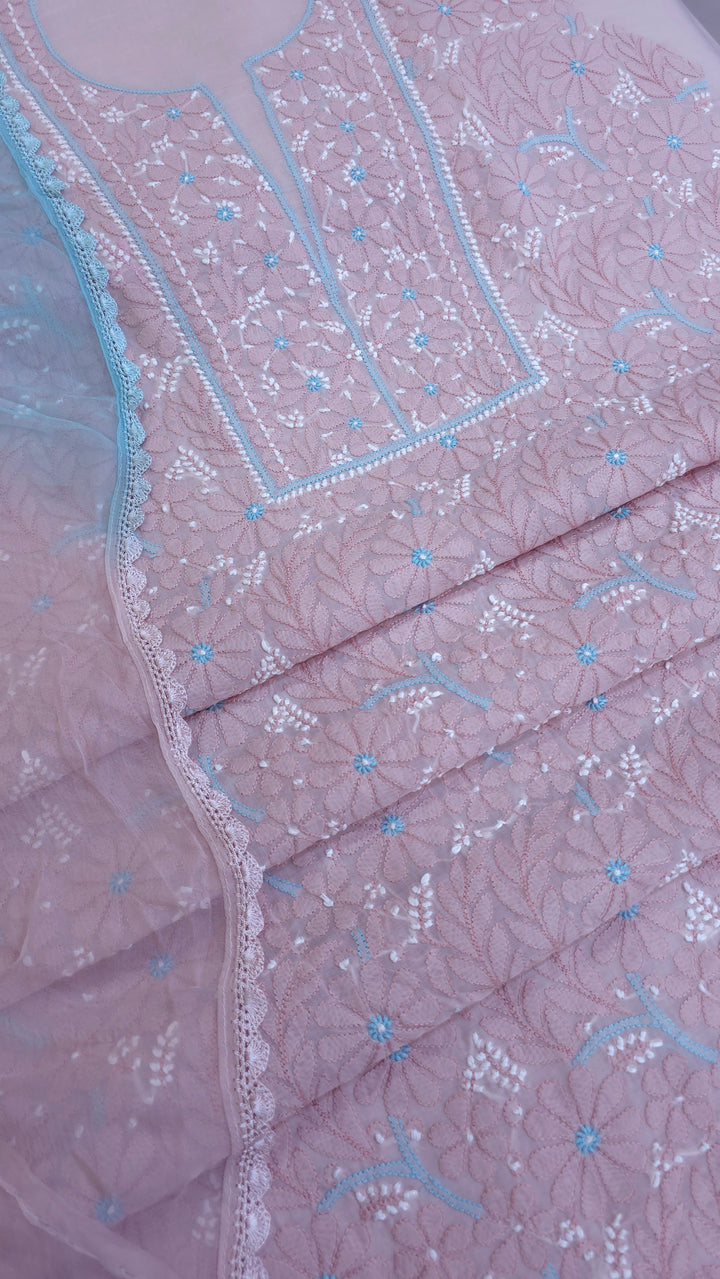 Lucknow Chikankari Hand Embroidered Cotton Dress Material with Tri-Color Motifs & Pure Chiffon Dupatta