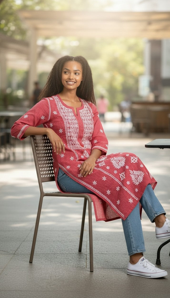 Hand Embroidery Chikankari Linen Kurti - Brick Red