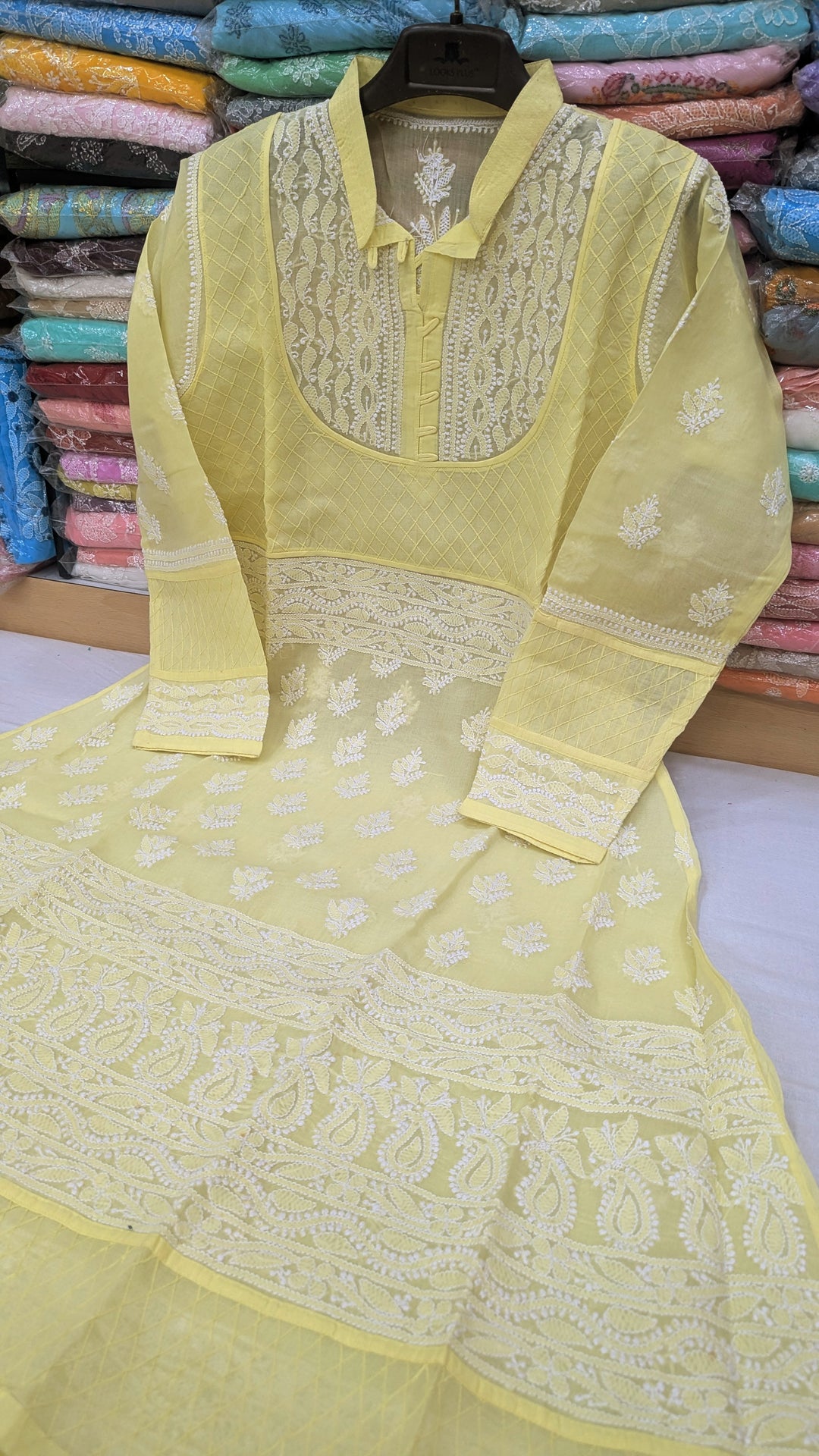 Cotton Lucknowi Chikankari 46" Long A-line Kurti | 100% Hand Embroidered| No Shrinkage