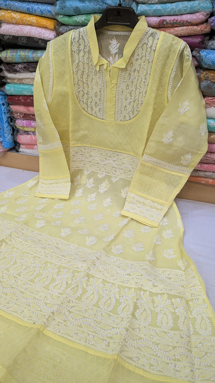 Cotton Lucknowi Chikankari 46" Long A-line Kurti | 100% Hand Embroidered| No Shrinkage